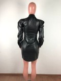 Autumn Puff Sleeve Button Up Party Leather Dress
