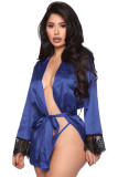 Autumn Sexy Lace Patchwork Satin Robe Pajama with Belt