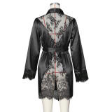 Autumn Sexy Lace Patchwork Satin Robe Pajama with Belt