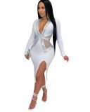 Spring White Party Sequins Sexy V-Neck Slit Dress