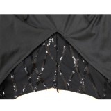 Spring Black Sexy Sparkling Sequins Drawstring Long Sleeve Party Dress