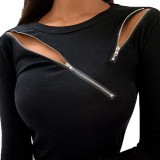 Sexy Black Zip Long Sleeve Top