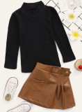 Girl Solid High Neck Knitted Blouse and Leater Skirt Set