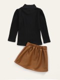 Girl Solid High Neck Knitted Blouse and Leater Skirt Set