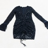 Spring Black Sexy Sparkling Sequins Drawstring Long Sleeve Party Dress