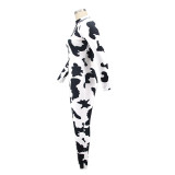 Plus Size Autumn White and Black Print Zipped Bodycon Jumpsuit