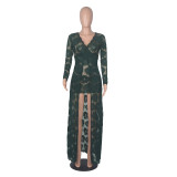 Summer Sexy Green Lace V-Neck High Low Long Dress with Sleeves