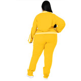 Plus Size Autumn Casual Long Sleeve Yellow Zipper Tracksuit With Striped Trim Detail