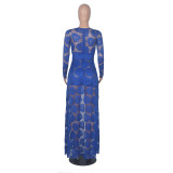 Summer Sexy Blue Lace V-Neck High Low Long Dress with Sleeves