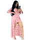 Summer Sexy Pink Lace V-Neck High Low Long Dress with Sleeves