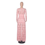 Summer Sexy Pink Lace V-Neck High Low Long Dress with Sleeves