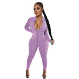 Sports Solid Plain Long Sleeve Zip Up Bodycon Jumpsuit