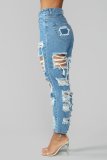 Street Style High Waist Blue Cut Out Damaged Jeans