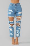 Street Style High Waist Blue Cut Out Damaged Jeans