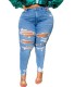 Plus Size Blue High Waist Ripped Damaged Jeans