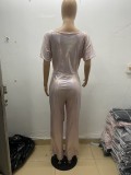 Summer Party Metallic Sexy O-Neck Loose Jumpsuit with Belt