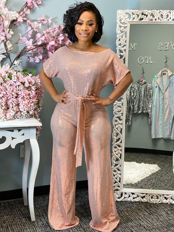 Summer Party Metallic Sexy O-Neck Loose Jumpsuit with Belt