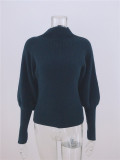Autumn Solid Plain Puff Sleeve Turtleneck Pullover Sweater