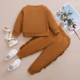 Kids Girl Autumn Solid Plain Ruffle Shirt and Pants Set