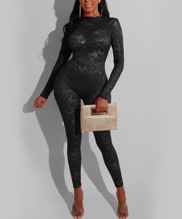 Autumn Party Sexy Lace See Through Bodycon Jumpsuit