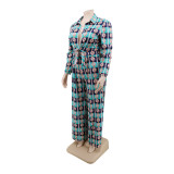 Plus Size Autumn Print Green Knotted Formal Jumpsuit