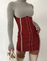 Mini vestido acanalado con cordones sexy en contraste de fiesta de otoño