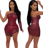 Summer Party Sequins Red One Shoulder Bodycon Dress