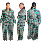 Plus Size Autumn Print Green Knotted Formal Jumpsuit