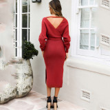 Winter Solid Plain Side Slit Wrapped Midi Sweater Dress with Belt
