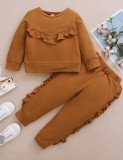 Kids Girl Autumn Solid Plain Ruffle Shirt and Pants Set