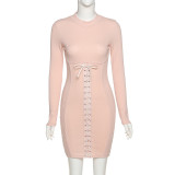 Winter Party Pink Sexy Lace Up Turtleneck Cotton Mini Dress