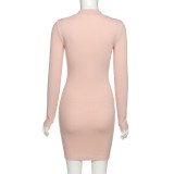 Winter Party Pink Sexy Lace Up Turtleneck Cotton Mini Dress