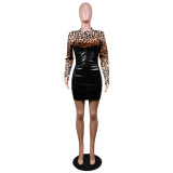 Winter Party Leather Patchwork Print Bodycon Dress