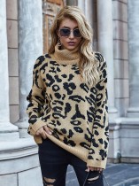 Winter Rollkragenpullover mit Leopardenmuster und langem, normalem Pullover