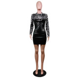 Winter Party Leather Patchwork Print Bodycon Dress