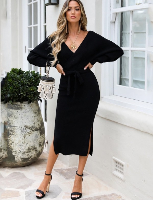 Winter Solid Plain Side Slit Wrapped Midi Sweater Dress with Belt