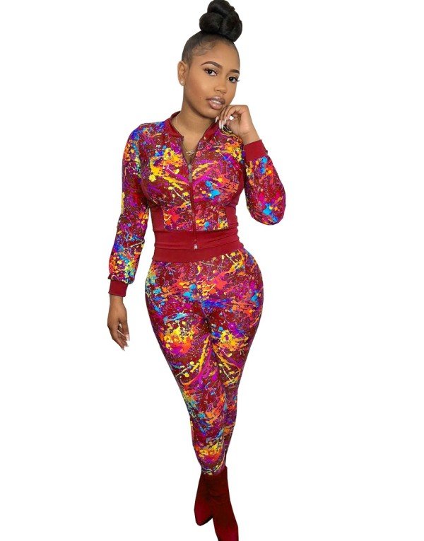 Autumn Casual Print Colorful Tight Jacket and Pants Set