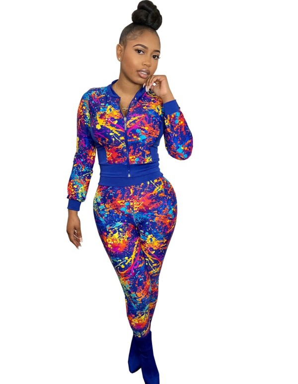 Autumn Casual Print Colorful Tight Jacket and Pants Set