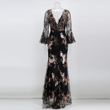 Autumn Occassional Sequin Front Slit V-Neck Long Dress with Wide Cuffs