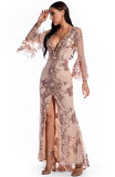 Autumn Occassional Sequin Front Slit V-Neck Long Dress with Wide Cuffs