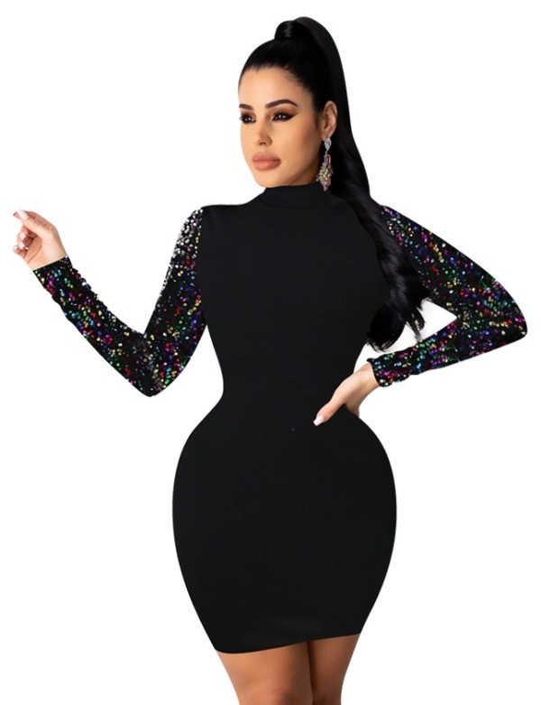 Autumn Party Black Bodycon Dress with Sequin Sleeves
