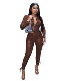 Winter Two Piece Leather Lace Up Crop Top and Pants Set