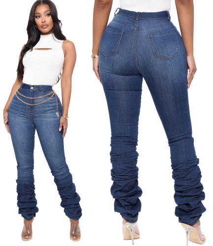 Winterblauw gewassen gestapelde jeans met hoge taille