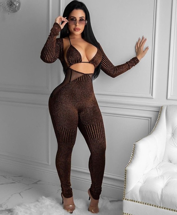 Autumn Party Sexy Metallic Bra and Front Open Jumpsuit