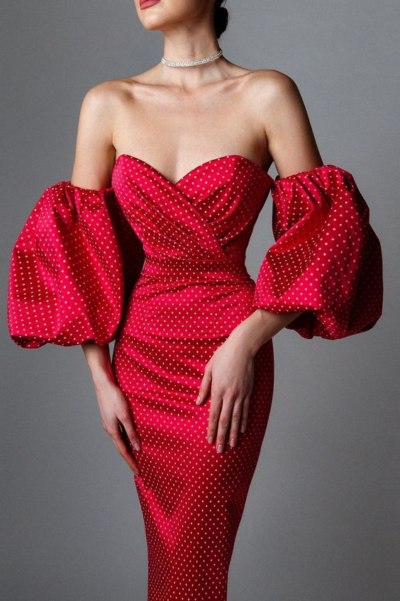 Summer Occassional Red Puff Sleeve Strapless Polka Vintage Midi Dress