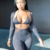 Autumn Party Sexy Metallic Bra and Front Open Jumpsuit