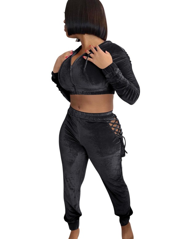 Autumn Velvet Hoody Crop Top and Lace Up Pants Set