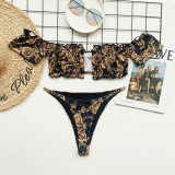 Sexy Two Piece Print Gold and Black Bandeau Swimwear