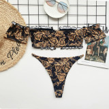 Sexy Two Piece Print Gold and Black Bandeau Swimwear
