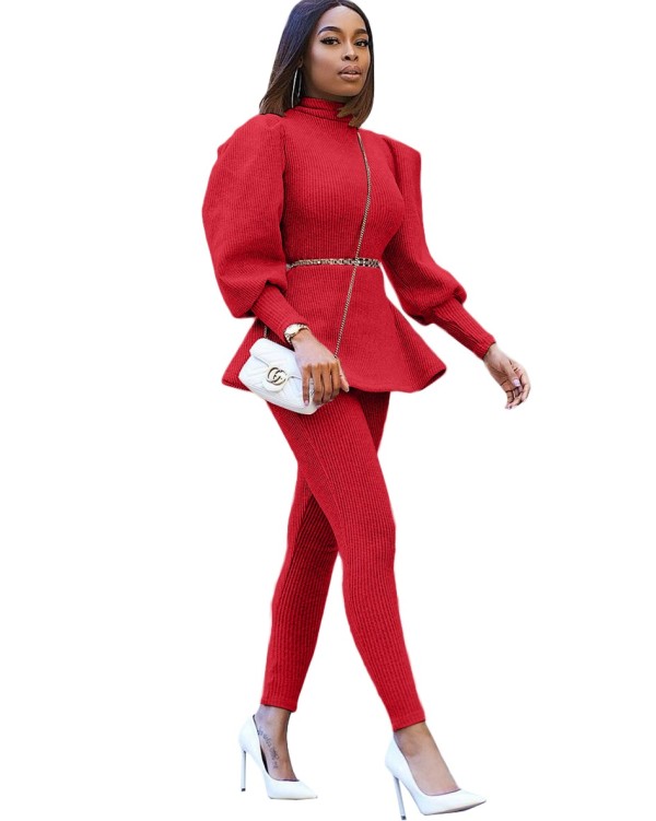 Winter Formal Two Piece Puff Sleeve Peplum Top and Pants Set